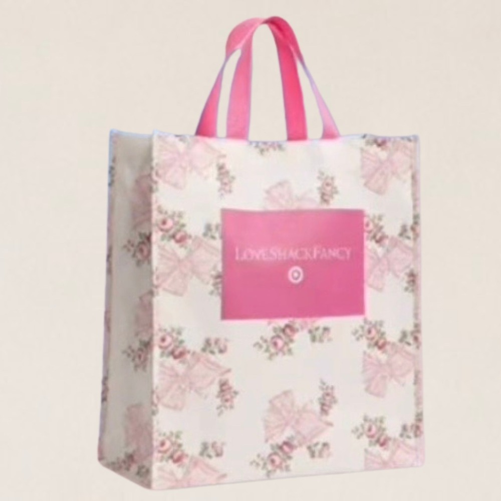 LoveShackFancy Target Reusable Shopping Tote Bag Pink Floral Bow Print NEW - Picture 2 of 3